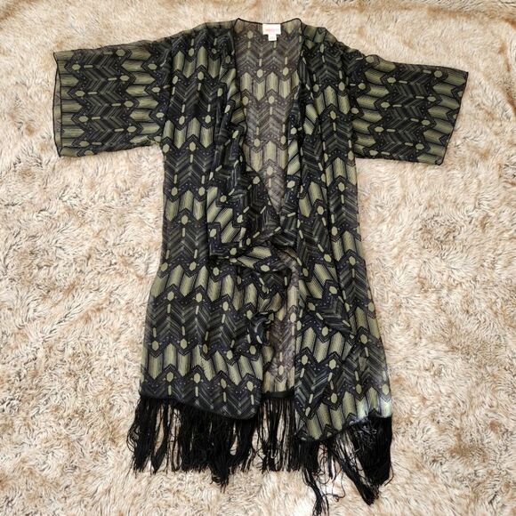 Lularoe Monroe Kimono With Fringe Green and Black Size Small - Picture 1 of 11